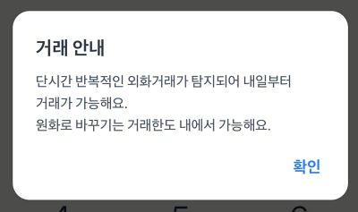 "단시간 반복적인 외화거래가 탐지되어 내일부터 거래가 가능해요. 원화로 바꾸기는 거래한도 내에서 가능해요."